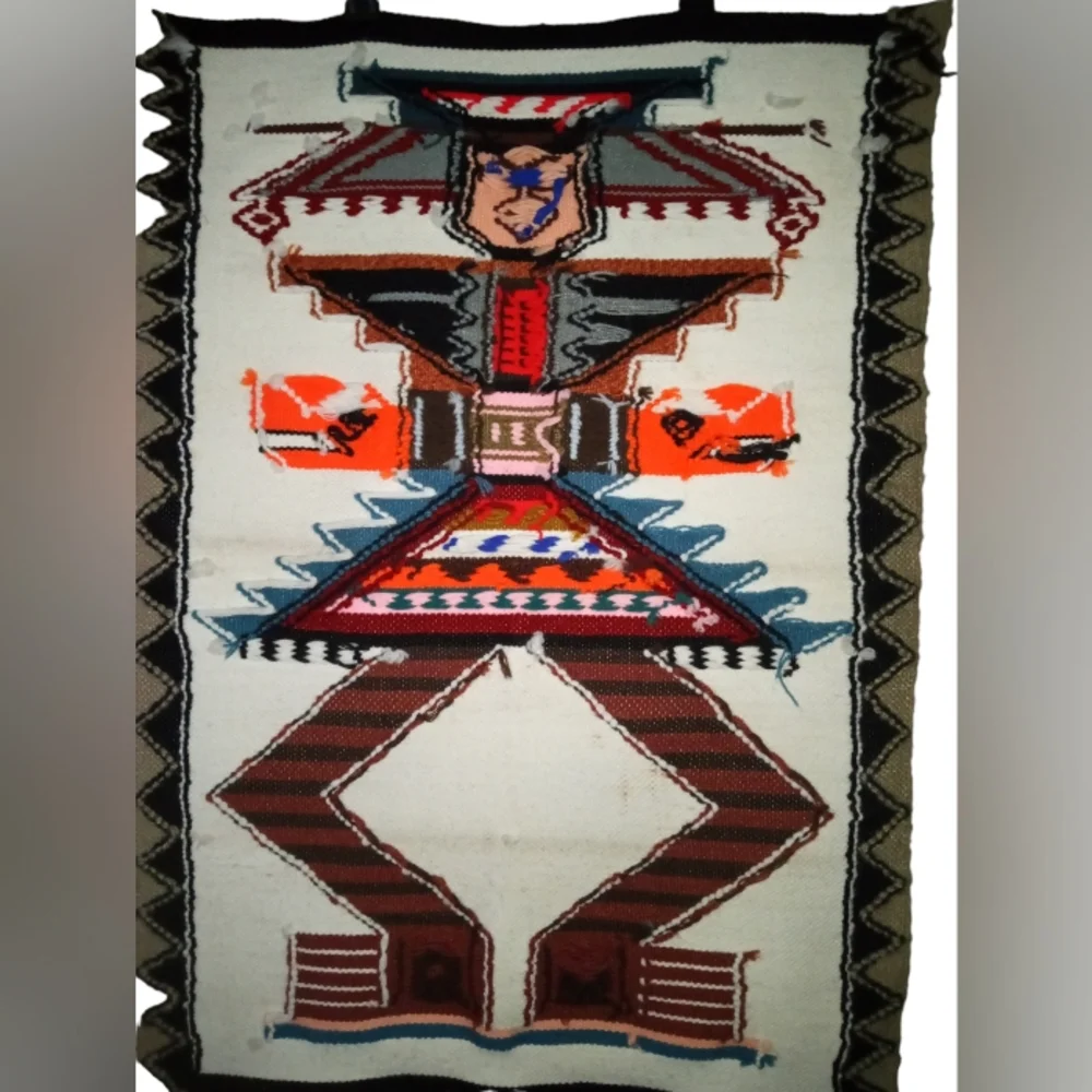 Vintage Hand Woven Wool Tapestry 25” x 37” | Ecuadorian Dance Warrior Rug